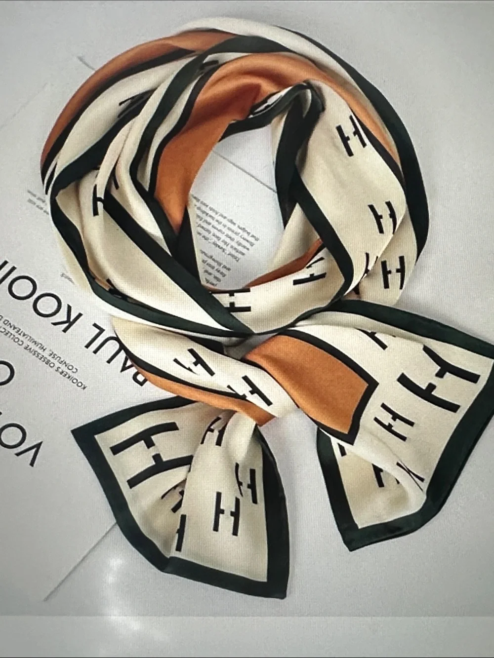 Cream and Camel Silk Scarf with H Pattern